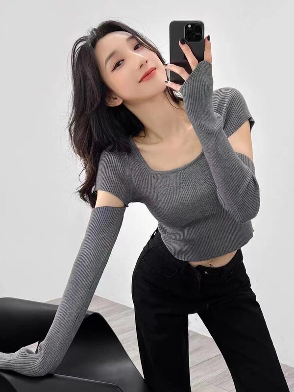 New in autumn! [Semi-plain] square collar slim fit sweater L1088# ZJY