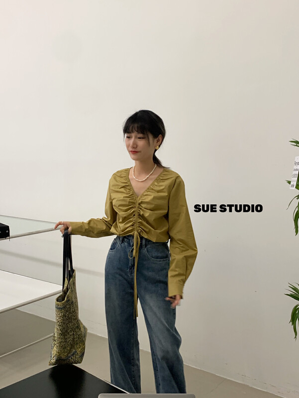 Original price 55.27! New in early autumn! [SUE STUDIO] textured drawstring pleated V-neck shirt 22331# ZJY