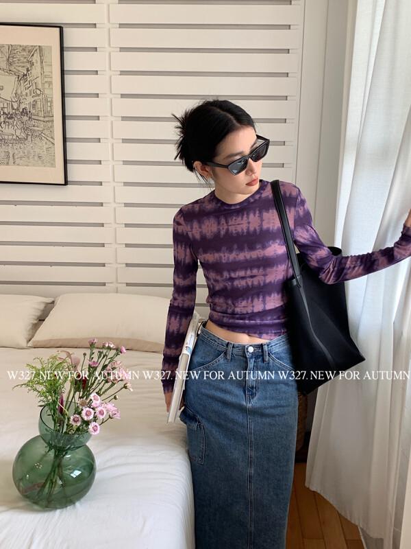 Original price 43.99! 【W327.】Contrast color tie-dye striped long-sleeved bottoming shirt 57078# CQW
