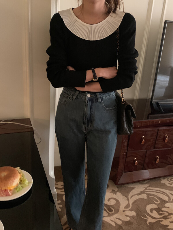 【LOVELY/SHMILY】Pleated crew neck knitted top sweater M0767