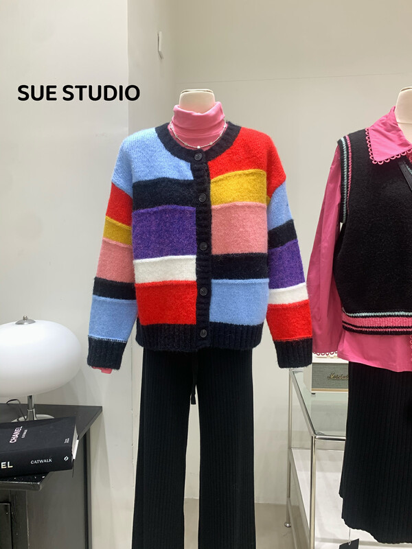 New in autumn! [SUE STUDIO] Design color stitching breasted warm sweater D8611# ZJY