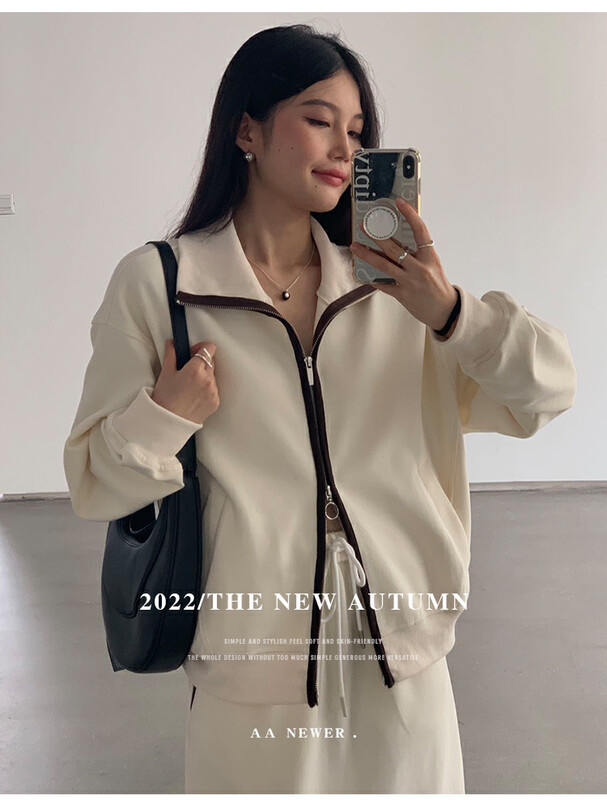 [THE MIND] Ins Korean style lapel color matching zipper casual all-match sweater 61196