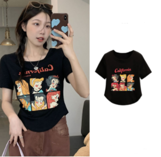 Pure desire style front shoulder short-sleeved t-shirt women's short top summer 2022 new all-match ins hot girl cartoon print