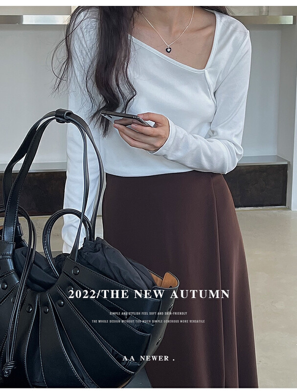 【THE MIND】Simple and irregular square neck stitching design all-match long-sleeved T-shirt 61060