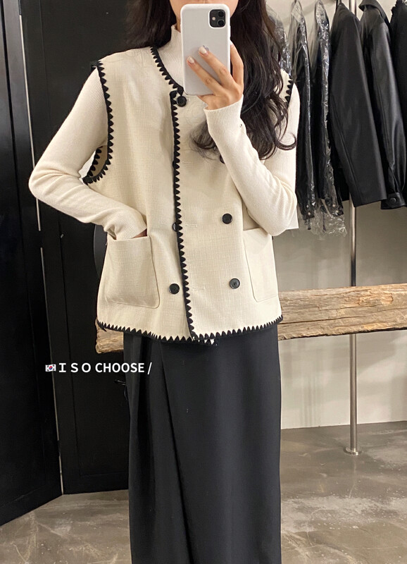 New in autumn! [ISO Korean] Korean version of the contrasting color sleeveless commuter fashion vest 3392# HJY