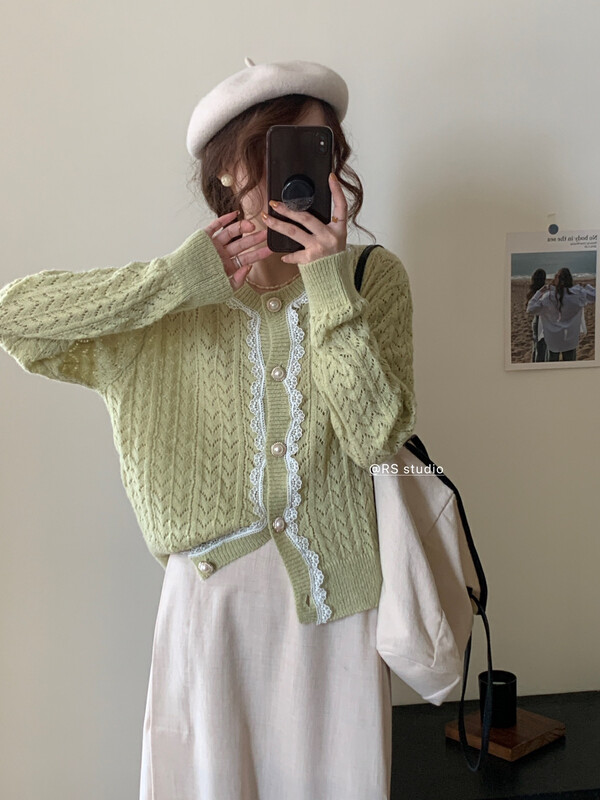 New in early autumn! [RS] Contrast color lace hollow knitted cardigan M2060# FHX