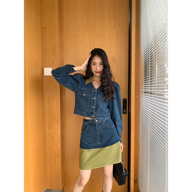 New in early autumn! [NEW OPEN] Korean version of the high-end color contrast loose denim jacket + temperament all-match half-body suit GZ80063# ZXX
