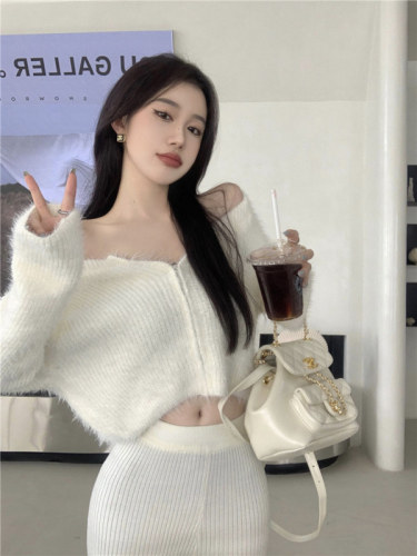 Real shooting real price niche fashion gentle temperament imitation mink short sweater cardigan top