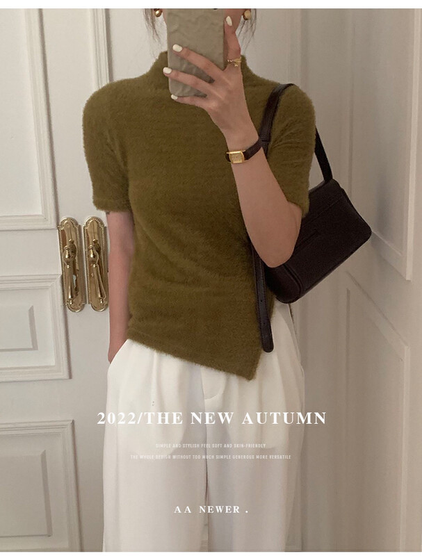 【THE MIND】Half turtleneck short-sleeved thin and fluffy bottoming shirt 61209