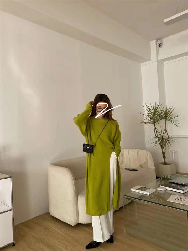 New in autumn! [Semi-plain] round neck long slit design warm sweater 8902# ZJY