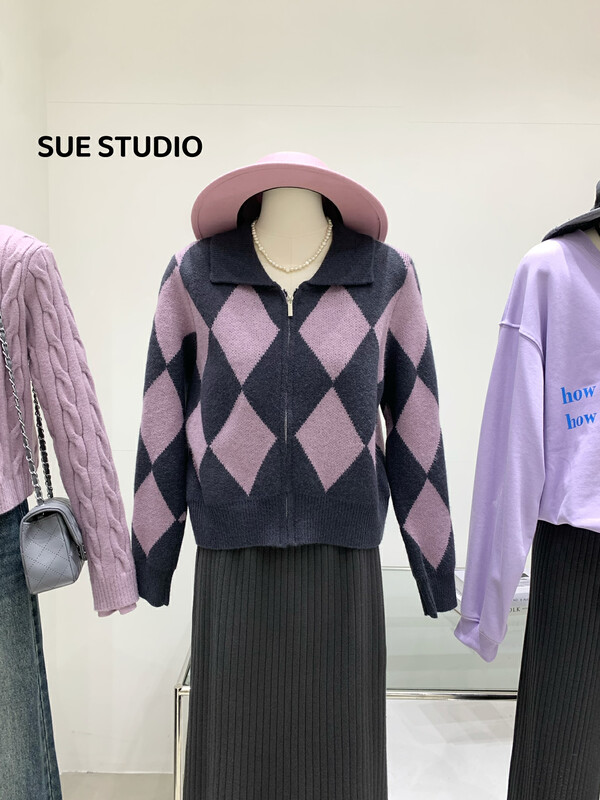 Autumn is new!【SUE STUDIO】short lapel diamond lattice warm sweater D8615# ZJY