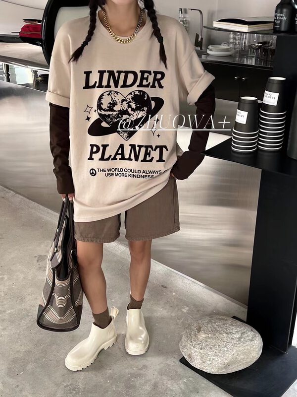 New autumn models! [Strictly selected by buyers - Zhuowa] Trend pattern fake two loose long-sleeved T-shirts 2692# CL
