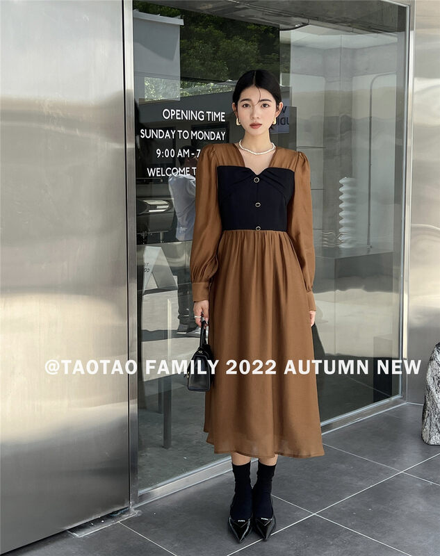 Early autumn new style!【TAOTAO FAMILY】Temperament simple color matching mid-length dress 3795# XJ