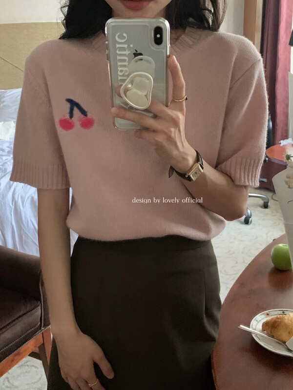 [LOVELY] Round neck pullover cherry wool knitted wool top knitted sweater M0712