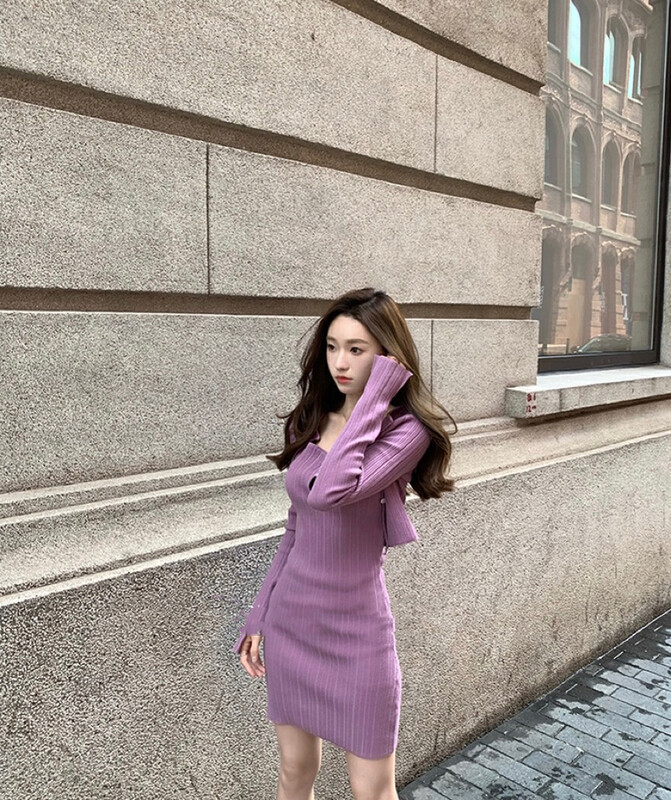 Autumn is new! 【Amanda】Purple knitted suspender dress + outer lace cardigan top suit 5225# PCZ
