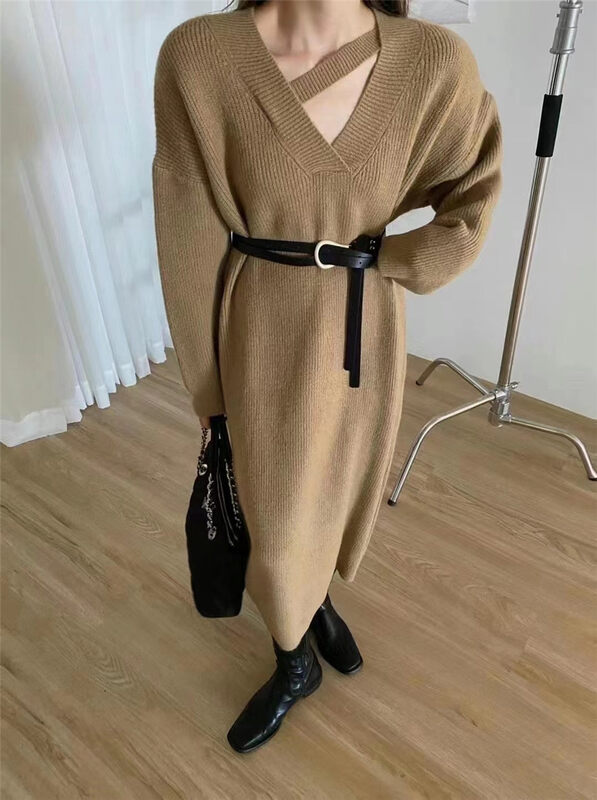 New in autumn! [Semi-plain] V-neck casual loose knitted dress (without belt) 8899# ZJY