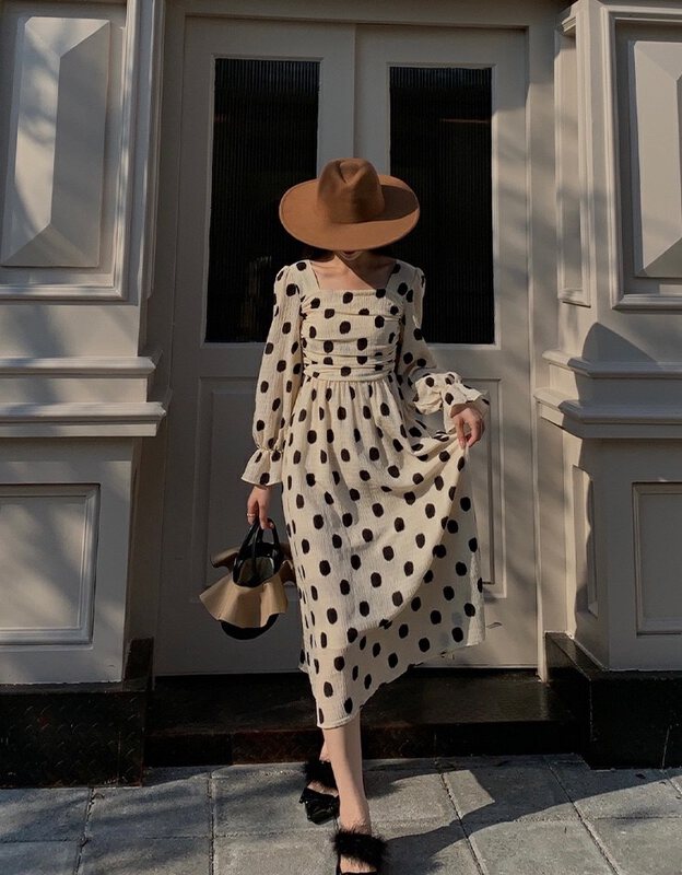 New in early autumn!  【NEW OPEN】French Hepburn retro square neck polka dot dress FL80210# ZXX