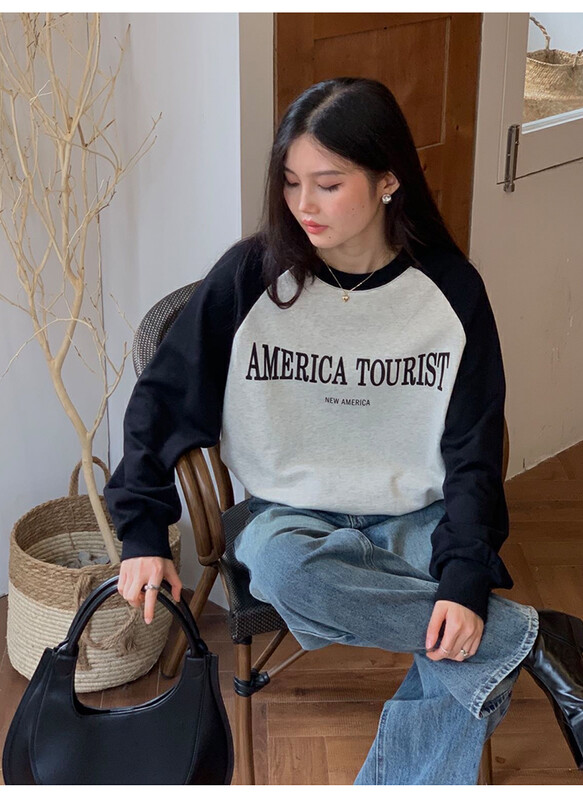 【THE MIND】Ins Korean style round neck colorblock letter print casual all-match sweater 61188# JHY
