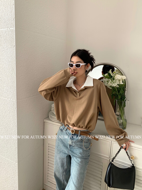 【W327.】Early autumn fake two-piece lapel snap sweater (hem drawstring) 57080# CQW