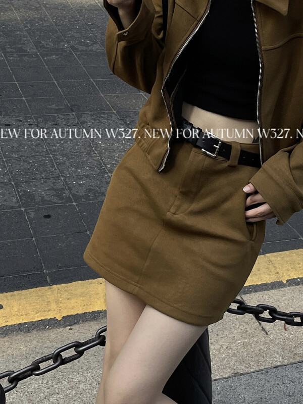 【W327.】Korean version of retro simple solid color skirt (with belt) 57157-1# CQW