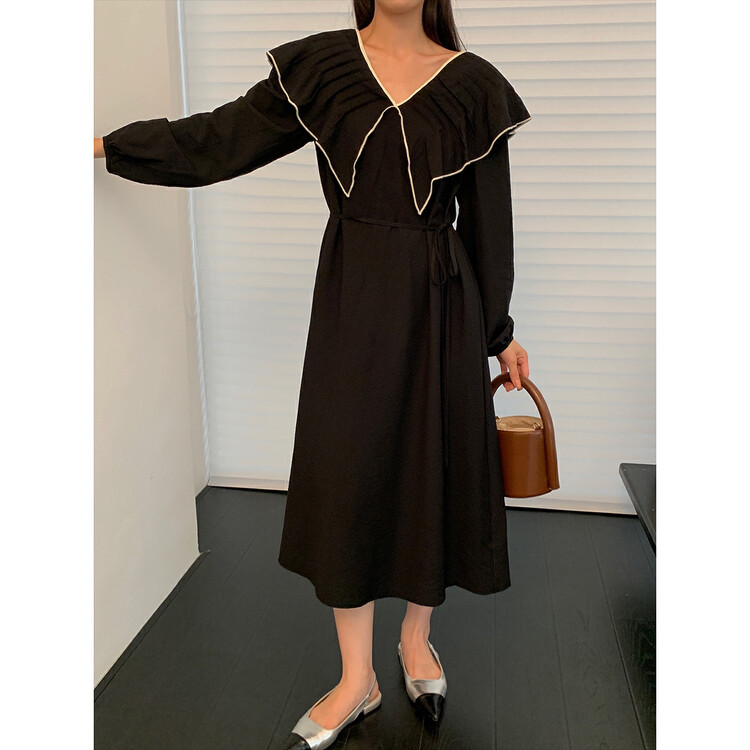 New in early autumn!【NEW OPEN】Korean version pleated lotus leaf collar color-block edge temperament dress VL80226# ZXX