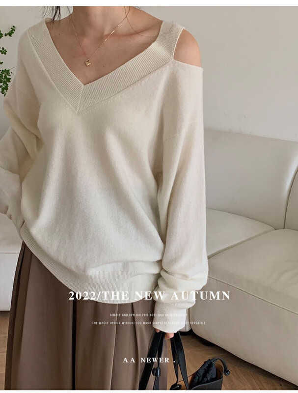 【THE MIND】Full wool off-the-shoulder collar design lazy knitted warm sweater 71370# JHY