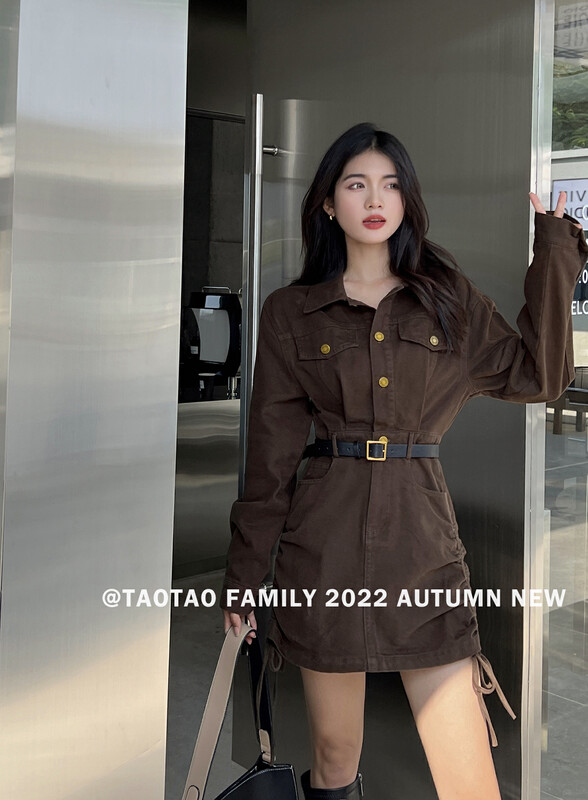 New in autumn! [TAOTAO FAMILY] Temperament waist slim denim dress (with belt) 3871# LSL