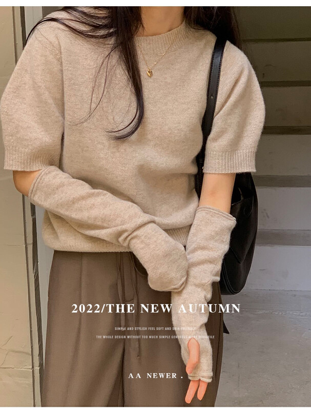 [THE MIND] Full wool round neck temperament short-sleeved sleeve sweater (with sleeves) 71325