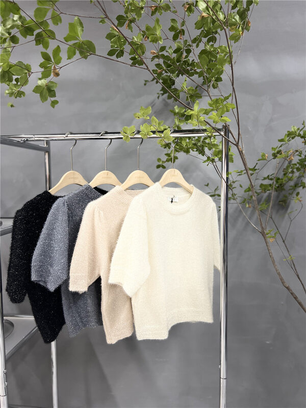 New in autumn! [Semi-plain] round neck short-sleeved solid color pullover sweater 8891# ZJY