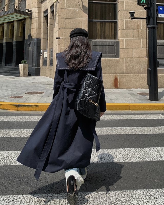 Autumn is new! [NEW OPEN] Women's Korean style double-breasted strappy navy collar trench coat (with belt) XL80190# ZXX