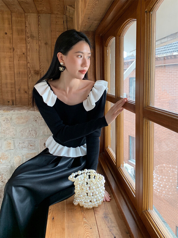 New in autumn! [NEW OPEN] Fungus edge stitching contrast color niche knitted sweater FM80098# ZXX