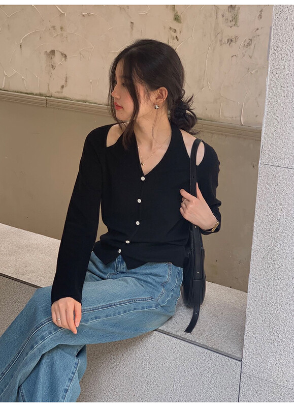 【THE MIND】Wool v-neck strapless knitted cardigan 71365# JHY