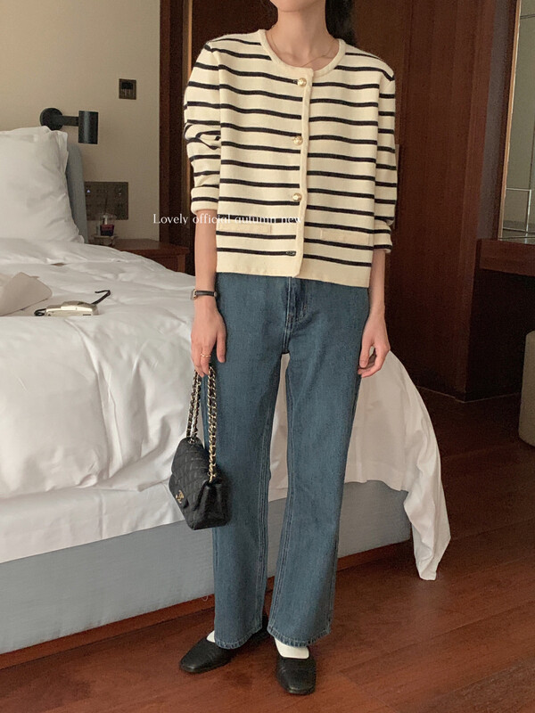 【LOVELY/SHMILY】Casual all-match striped cashmere cardigan knitted cardigan M0663# FHX
