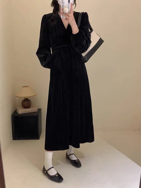 Autumn is new! [RS] Hepburn style drawstring velvet slim dress (with belt) RS2912# FHX