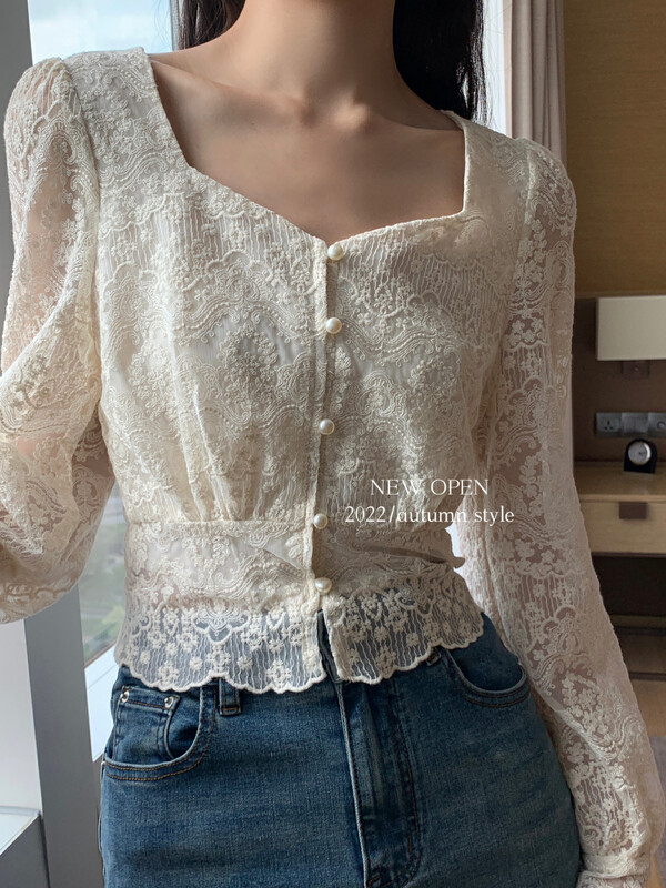 New in early autumn!【NEW OPEN】French square collar pearl button lace shirt FY80238# ZXX