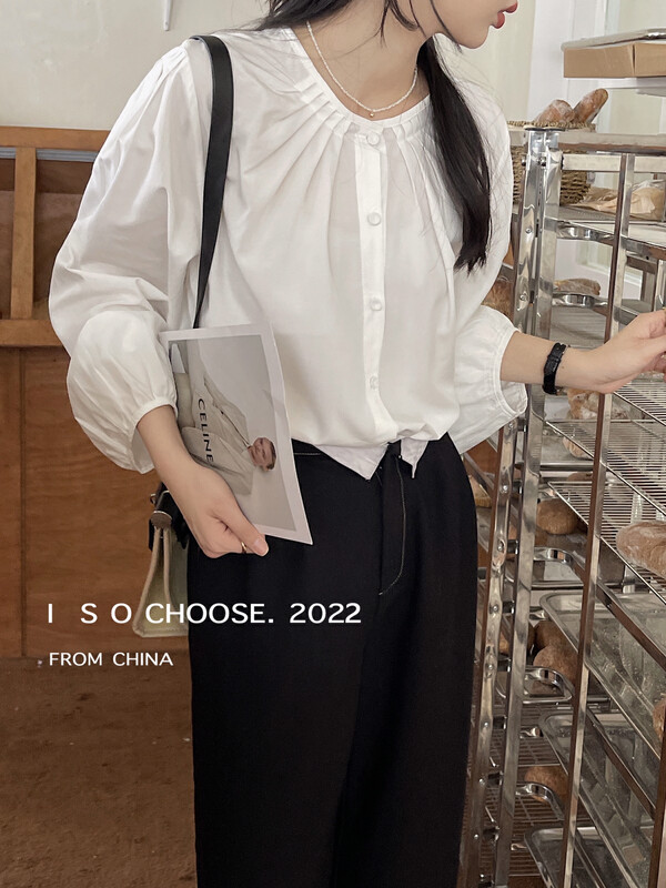 New in autumn! [ISO Korean series] solid color pleated round neck button-down shirt 3259# HJY