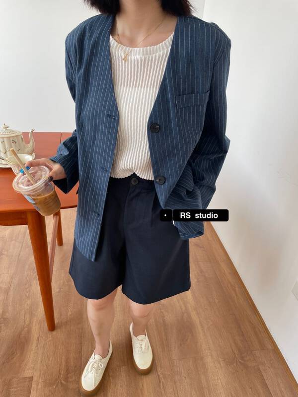 Original price 87.98! New in early autumn! [RS] Vertical stripe collarless loose suit DH0010# XYY