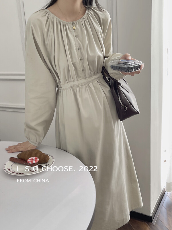 New in early autumn! [ISO Korean series] Fashion solid color round neck mid-length dress (with waist rope) 3272# HJY