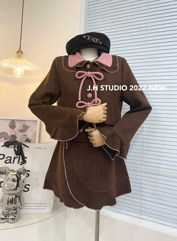 Autumn is new! [JH] Net Red Contrast Color Jacket + Slimming Skirt Suit (with Bow) 43046# PCZ