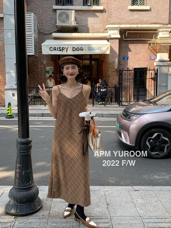 New in autumn!  【APM YUROOM】Temperament Retro Plaid Sling Dress 9153# LSL