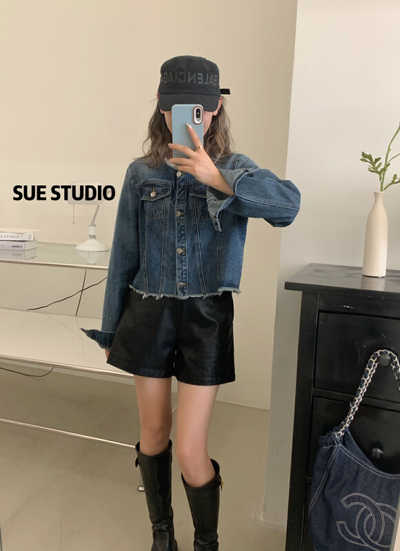 【SUE STUDIO】Frayed Short Loose Gradient Denim Jacket 8376# ZJY