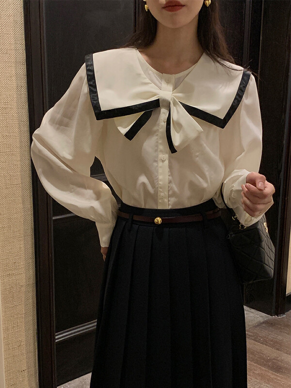 Autumn is new! [NEW OPEN] Loose Korean style long-sleeved color-block navy collar shirt XY80087# ZXX