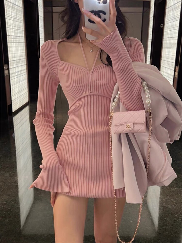 New in autumn! [Amanda] halterneck knitted slim dress 5183# PCZ