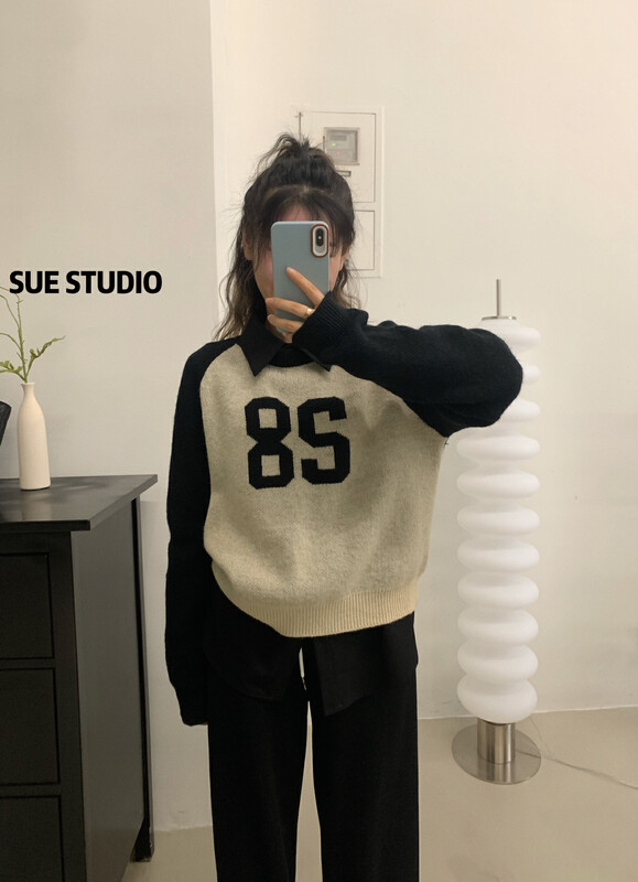 New in autumn!【SUE STUDIO】Digital Loose Pullover Round Neck Warm Sweater 7702# ZJY