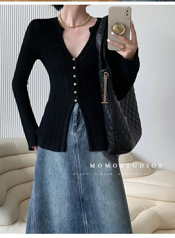 New in autumn! [Semi-plain] V-neck pit strip loose knitted cardigan L1067# ZJY
