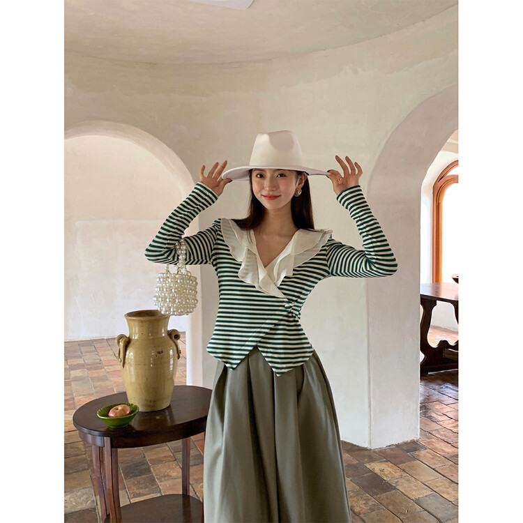 New in early autumn! [NEW OPEN] Lotus leaf tie striped stitching contrast color shirt FY80052# ZXX