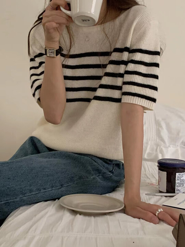 【LOVELY/SHMILY】High proportion raccoon striped pullover short-sleeved sweater sweater M0761