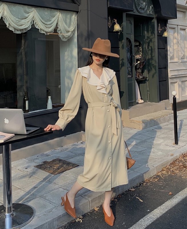 New in early autumn!【NEW OPEN】Double lotus leaf collar strap single-breasted temperament dress (with belt) XL80121# ZXX
