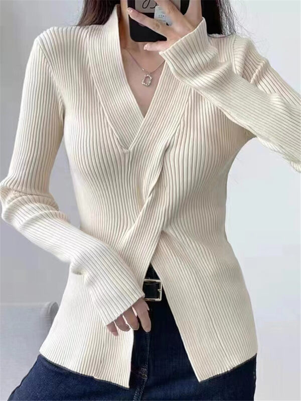 New in autumn! [Semi-plain] V-neck kink solid color all-match knitted sweater L1086# ZJY