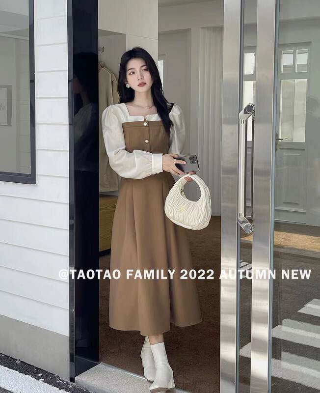 New in early autumn!  【TAOTAO FAMILY】French square collar color matching shirt + high waist slim long skirt suit 3788# XJ